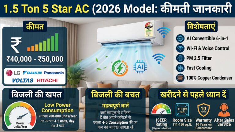 1.5 Ton 5 Star AC 2026 Model: कीमत, फीचर्स, बिजली की खपत और खरीदने से पहले पूरी जानकारी